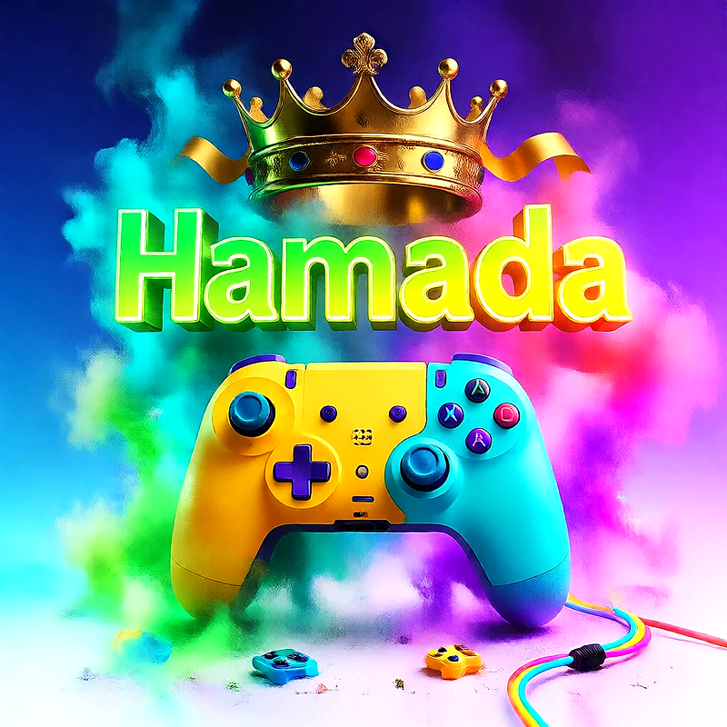 صورة اسم حمادة بتاج ذهبي على يد تحكم ألعاب بلاى ستيشن | تصميم جيمنج 3D للفيسبوك والواتساب