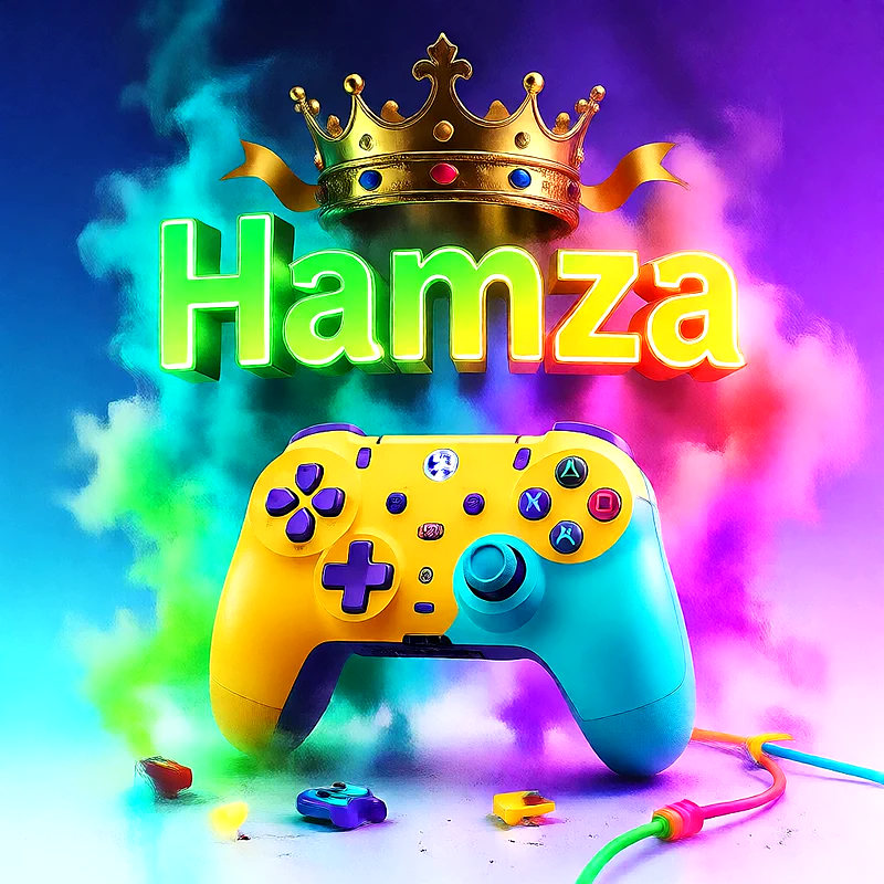 صورة اسم حمزة بتاج ذهبي على يد تحكم ألعاب بلاى ستيشن | تصميم جيمنج 3D للفيسبوك والواتساب