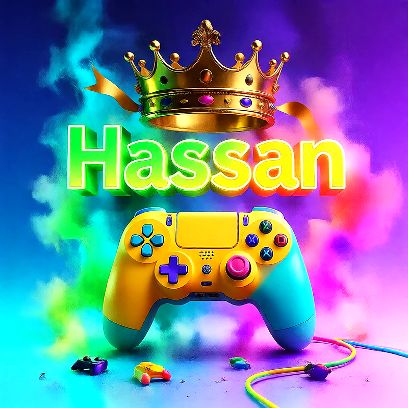 صورة اسم حسن بتاج ذهبي على يد تحكم ألعاب بلاى ستيشن | تصميم جيمنج 3D للفيسبوك والواتساب