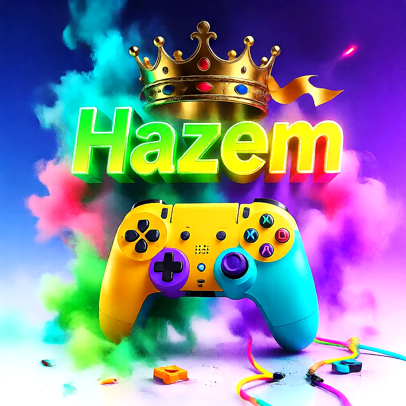 صورة اسم حازم بتاج ذهبي على يد تحكم ألعاب بلاى ستيشن | تصميم جيمنج 3D للفيسبوك والواتساب