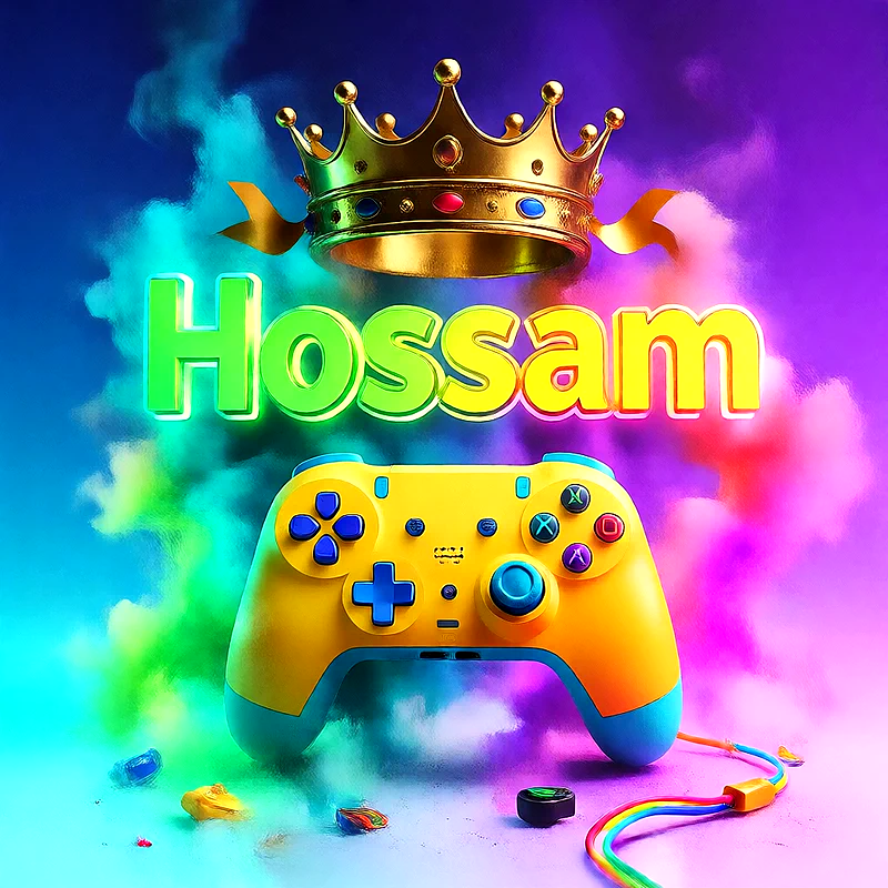 صورة اسم حسام بتاج ذهبي على يد تحكم ألعاب بلاى ستيشن | تصميم جيمنج 3D للفيسبوك والواتساب