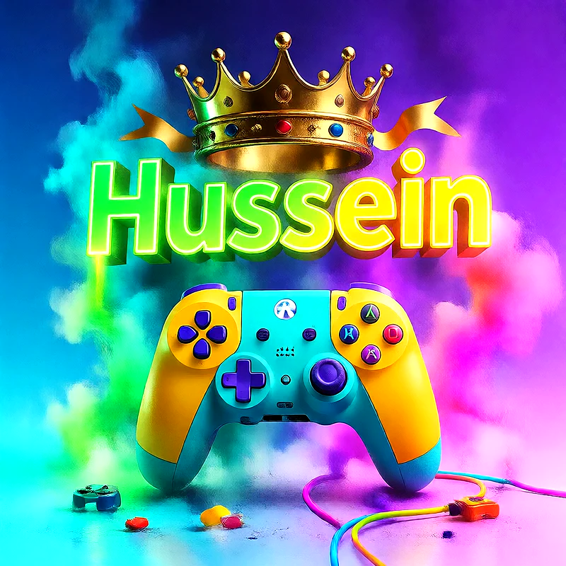 صورة اسم حسين بتاج ذهبي على يد تحكم ألعاب بلاى ستيشن | تصميم جيمنج 3D للفيسبوك والواتساب