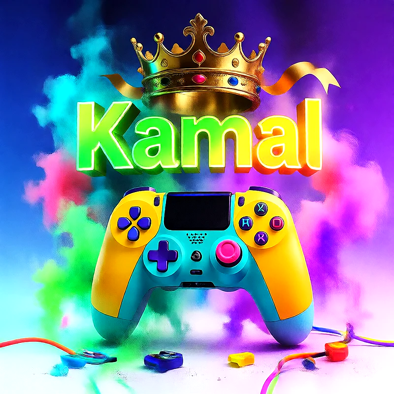 صورة اسم كمال بتاج ذهبي على يد تحكم ألعاب بلاى ستيشن | تصميم جيمنج 3D للفيسبوك والواتساب