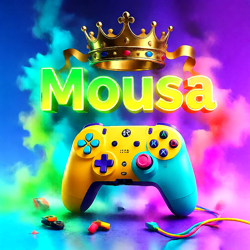 صورة اسم موسى بتاج ذهبي على يد تحكم ألعاب بلاى ستيشن | تصميم جيمنج 3D للفيسبوك والواتساب