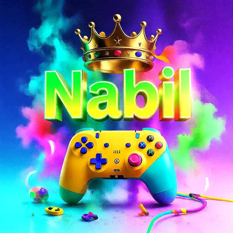 صورة اسم نبيل بتاج ذهبي على يد تحكم ألعاب بلاى ستيشن | تصميم جيمنج 3D للفيسبوك والواتساب