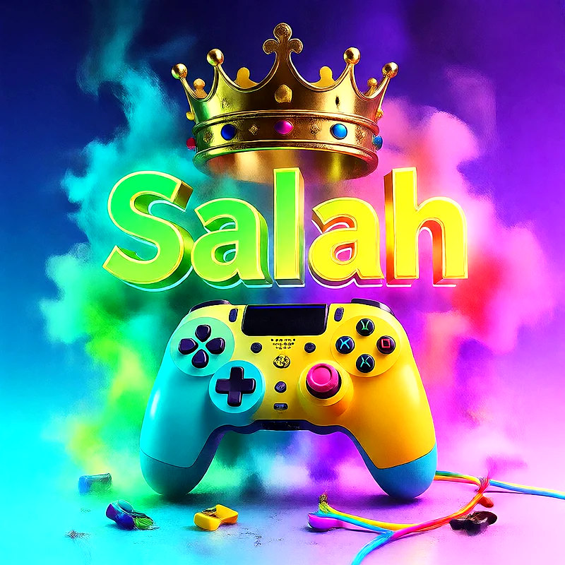 صورة اسم صلاح بتاج ذهبي على يد تحكم ألعاب بلاى ستيشن | تصميم جيمنج 3D للفيسبوك والواتساب