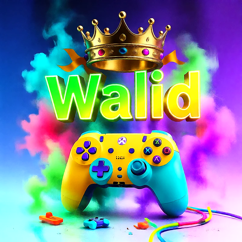 صورة اسم وليد بتاج ذهبي على يد تحكم ألعاب بلاى ستيشن | تصميم جيمنج 3D للفيسبوك والواتساب