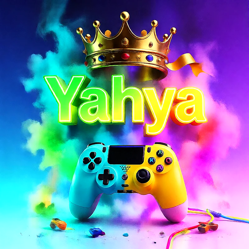 صورة اسم يحيى بتاج ذهبي على يد تحكم ألعاب بلاى ستيشن | تصميم جيمنج 3D للفيسبوك والواتساب