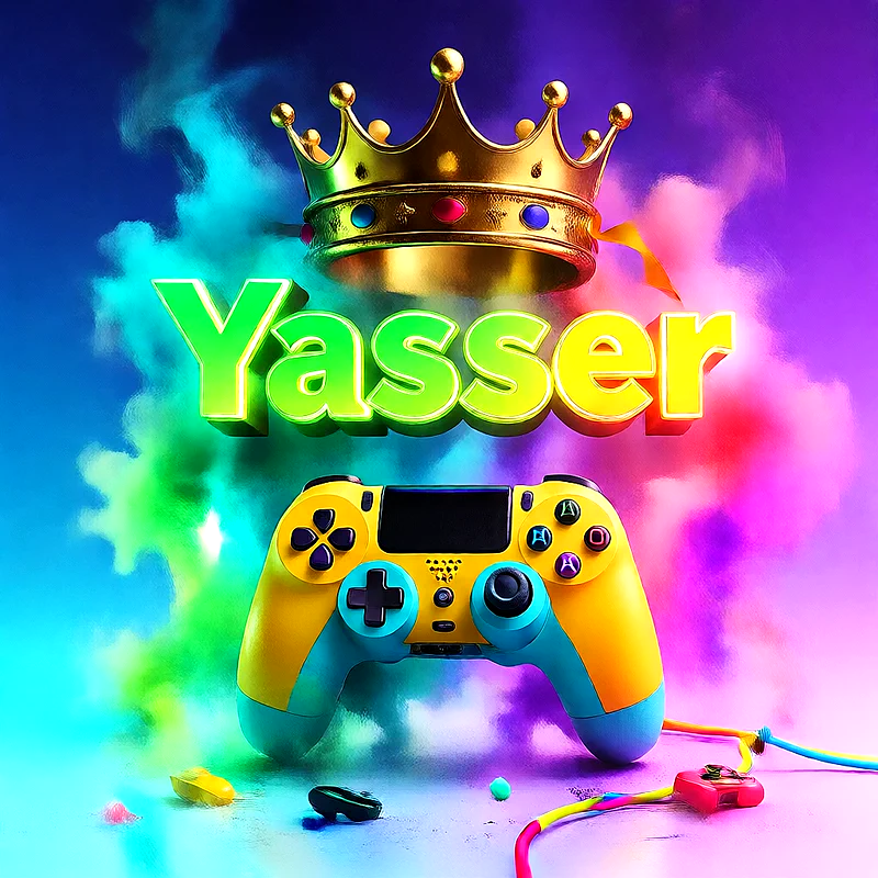 صورة اسم ياسر بتاج ذهبي على يد تحكم ألعاب بلاى ستيشن | تصميم جيمنج 3D للفيسبوك والواتساب