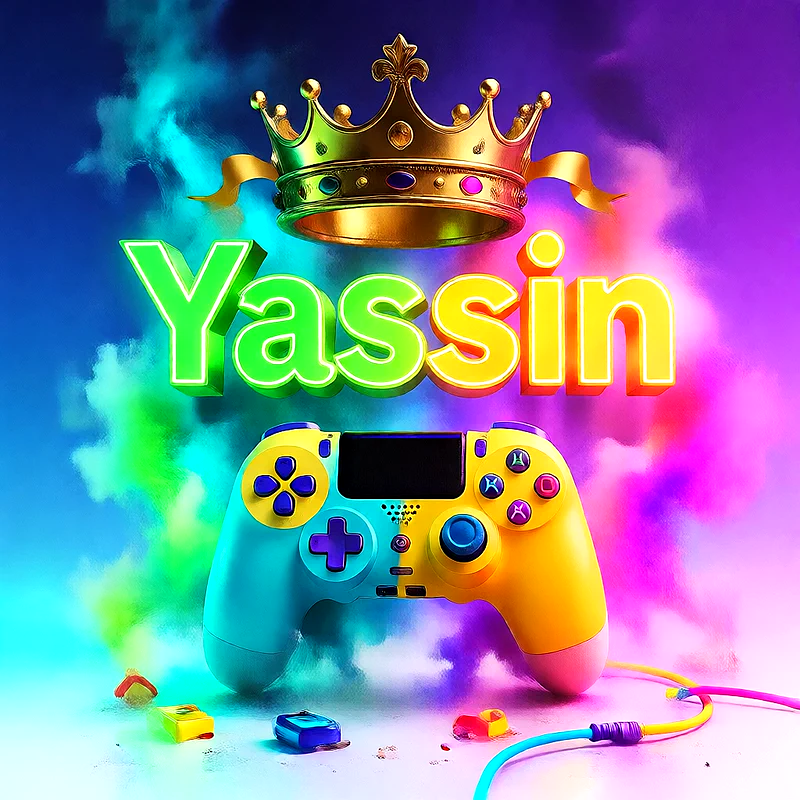 صورة اسم ياسين بتاج ذهبي على يد تحكم ألعاب بلاى ستيشن | تصميم جيمنج 3D للفيسبوك والواتساب